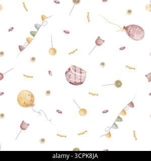 Muster Halloween Süßigkeiten, Süßigkeiten, Ballons, Girlande, Kessel. Handgezeichnete Aquarellillustration im kindlichen Stil. Nahtloser Druck isoliert auf Stockfoto