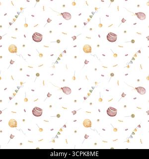 Muster Halloween Süßigkeiten, Süßigkeiten, Ballons, Girlande, Kessel. Handgezeichnete Aquarellillustration im kindlichen Stil. Nahtloser Druck isoliert auf Stockfoto