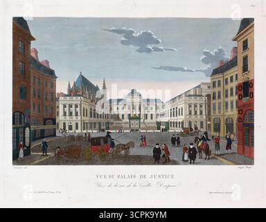 Blick auf das Palais de Justice / von der Rue de la Vieille Draperie. Handkolorierter Gravur Kunstdruck Vintage Paris, 19. Jahrhundert Vintage Druck, Guiguet, L., Graveur Henri Courvoisier-Voisin Zeichner, Paul André Basset, Verlag Stockfoto