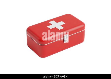 3D-Darstellung einer roten erste-Hilfe-Box mit weißem Kreuz, isoliert auf weißem Hintergrund, die Notfall-, Sicherheits- und wichtige medizinische Vorsorge darstellt Stockfoto