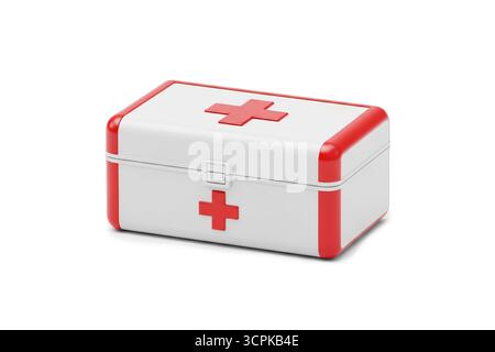 3D-Rendering einer weißen erste-Hilfe-Box mit rotem Kreuz und Griff, isoliert auf weißem Hintergrund, für sichere medizinische Aufbewahrung, Sicherheit und Sicherheit Stockfoto