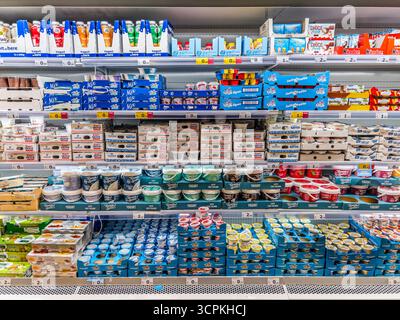 Italien - 18. September 2025: Verschiedene Arten und Marken von Joghurt und griechischem Joghurt werden im Kühlbereich zum Verkauf in einem italienischen Supermark ausgestellt Stockfoto