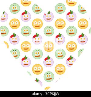 Hart gekochte und gebratene Eier und Würstchen wie Smiley-Gesichter auf runder Platte. Herzformmuster. Isolierte Vektor-Illustration Motivation oder kulinarische Hintergrund Banner, Faltblätter, Etiketten, Poster Stock Vektor