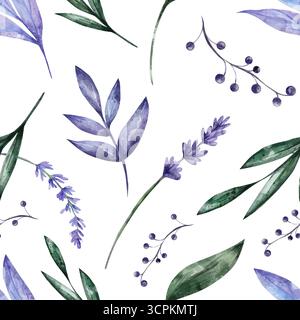 Nahtloses Aquarellmuster mit Lavendel, grünen Blättern, lila Blumen und Beeren auf weißem Hintergrund. Elegantes Blumendesign für Stoffe, Tapeten oder Schreibwaren Stockfoto