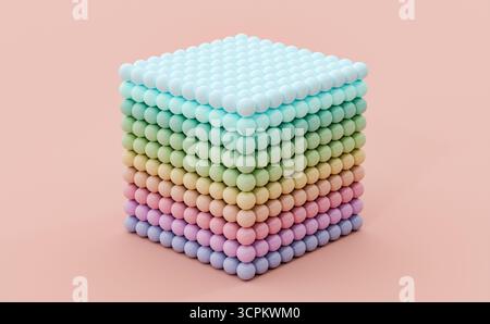 Rubik's Cube besteht aus bunten Kugeln, die übereinander gestapelt sind. Lebendiger 3D-Hintergrund in Pastellfarben. Stockfoto