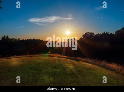 Großer Blick auf den Naturpark mit Bäumen und grünem lown, beleuchtet von einem lebhaften Sonnenuntergang über Bromley Gegend im Herbst in London Stockfoto