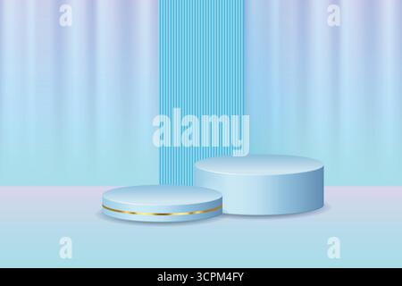 Blauer weißer 3D zylindrischer Podiumhintergrund, Wandszene im Bogenhintergrund. Minimalistischer 3D-Modell-Sockel. Produktpräsentation mit abstraktem Stand Stock Vektor