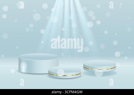 Runde Podeste auf hellblauem Hintergrund. Geschwungener, goldfarbener Streifen auf den Sockeln. Luxuriöse Hochglanzfolien und funkelnde Dekorationselemente für das Produkt Stock Vektor