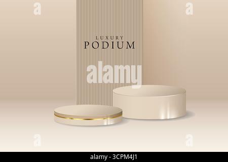 Realistischer, beigefarbener, zylindrischer Podiumhintergrund in 3D, Szene mit Bogenhintergrund. Minimalistischer 3D-Modell-Sockel, abstrakte Produktpräsentation, Bühnenaufstellung Stock Vektor