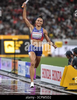 Sydney McLaughlin-Levrone aus den USA trat im Finale der 4x400 m langen Frauen bei den Leichtathletik-Weltmeisterschaften Tokio 2025 im Nationalstadion o an Stockfoto