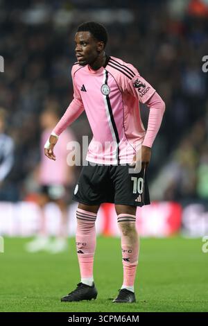 West Bromwich, Großbritannien. September 2025. Stephy Mavididi aus Leicester City während des West Bromwich Albion vs Leicester City Sky Bet Championship Matches bei den Hawthorns, West Bromwich. Der Bildnachweis sollte lauten: James Baylis/Sportimage Credit: Sportimage Ltd/Alamy Live News Stockfoto