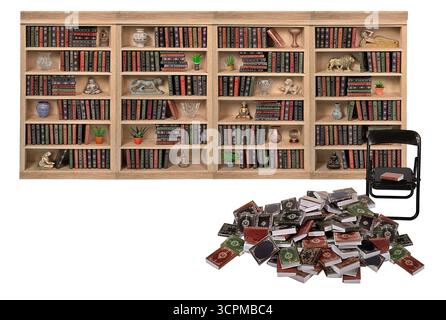 Eine Vielzahl verschiedener Bücher in einem Set, das auf dem Boden mit einem Bürostuhl gestapelt ist Stockfoto