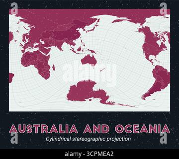 Australien und Ozeanien. Weltkarte. Zylindrische stereographische Projektion in Australien und Ozeanien. Helle mintfarbene und dunkelrosa Farbpalette. Stock Vektor