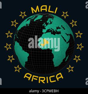 Mali auf Globe. Runder Text für Land und Kontinent. Länderansicht auf Weltkarte in der Farbpalette Black Emerald. Mali-Form auf der Karte. Stock Vektor