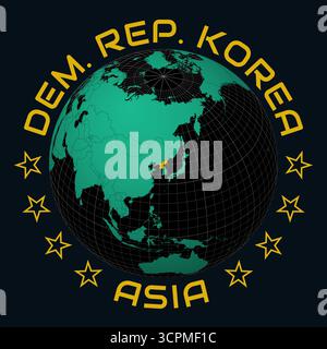 Demokratische Volksrepublik Korea auf dem Globe. Runder Text für Land und Kontinent. Länderansicht auf Weltkarte in der Farbpalette Black Emerald. Stock Vektor