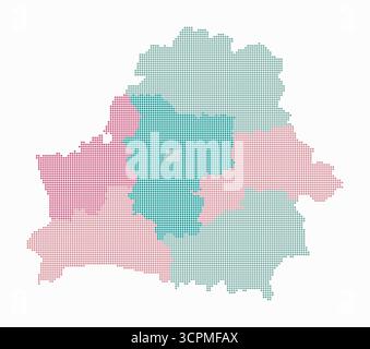 Weißrussland gepunktete Karte. Digitale Landkarte des Landes auf weißem Hintergrund. Weißrussland-Form mit kreisförmigen Punkten. Farbige Punkte. Kleine Kreise. Stock Vektor
