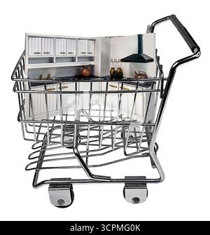 Shopping für eine neue Küche, gezeigt durch eine Küche in einem Einkaufswagen Stockfoto