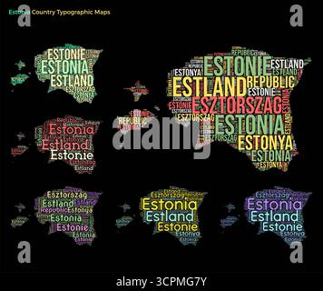 Estland. Set mit typografischen Länderabbildungen. Estland Kartenform aus horizontalen und vertikalen Ländernamen. Vektorabbildung. Stock Vektor