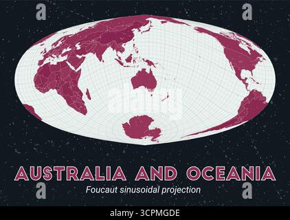 Australien und Ozeanien. Weltkarte. Foucault sinusförmige Projektion zentriert auf Australien und Ozeanien. Blassmintfarbene dunkelrosa Palette. Vintage-Textur. Stock Vektor