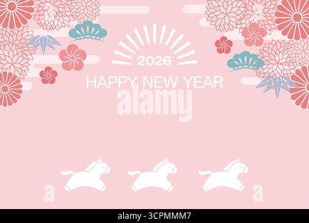 Das Jahr des Pferdes chinesisches Sternzeichen mit Einer Silhouette des tanzenden Pferdes und Sonnenaufgang isoliert auf weißem Hintergrund. Vektorabbildung. Stock Vektor