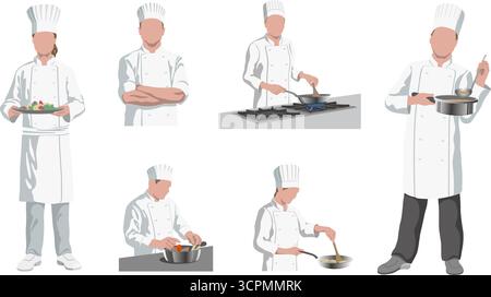 Köche In Verschiedenen Kochpositionen. Abgewickelte Illustrationen isoliert auf weißem Hintergrund. Stock Vektor