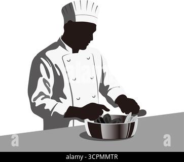 Vektor monochrome Chef Silhouette Essen in Einem Kochtopf isoliert auf Einem weißen Hintergrund vorbereiten. Stock Vektor