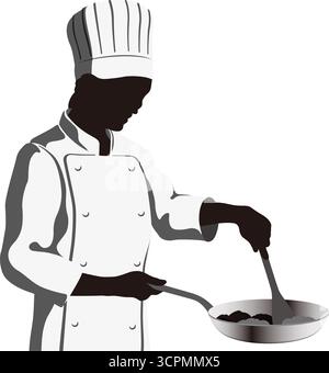 Einfarbige Küchenchefs Silhouette kochen in Einer Pfanne. Vektorillustration isoliert auf weißem Hintergrund. Stock Vektor