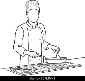 Ein Koch, der in Einer Pfanne auf Einem Herd kocht. Abbildung der monochromen Vektorzeichnung auf weißem Hintergrund. Stock Vektor
