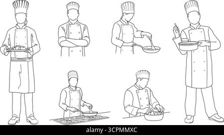 Ein Koch, der in Einer Pfanne kocht. Illustration des abgewickelten Vektors auf weißem Hintergrund isoliert. Stock Vektor