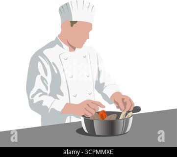 Ein Koch, der Essen in Einem Kochtopf zubereitet. Illustration des abgewickelten Vektors auf weißem Hintergrund isoliert. Stock Vektor