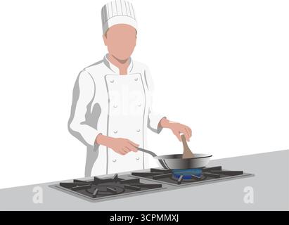 Ein Koch, der in Einer Pfanne auf Einem Herd kocht. Vektorabwicklung, isoliert auf weißem Hintergrund. Stock Vektor
