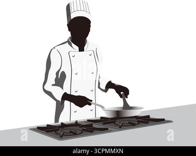 Einfarbige Chefkoch Silhouette kocht in Einer Pfanne auf dem Herd. Vektorillustration isoliert auf weißem Hintergrund. Stock Vektor