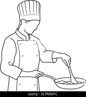 Ein Koch, der in Einer Pfanne kocht. Abbildung der monochromen Vektorzeichnung auf weißem Hintergrund. Stock Vektor