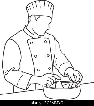 Ein Koch, der Essen in Einem Kochtopf zubereitet. Abbildung der monochromen Vektorzeichnung auf weißem Hintergrund. Stock Vektor