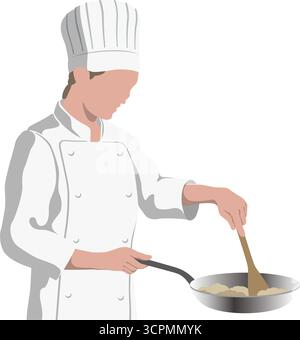 Ein Koch, der in Einer Pfanne kocht. Illustration des abgewickelten Vektors auf weißem Hintergrund isoliert. Stock Vektor