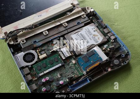 Abriss des alten Notebook-Laptops auf grünem Hintergrund. Laptop-Komponenten wie Festplatte, Speicher, RAM, Chipsatz, Akku, Mainboard und andere. Stockfoto