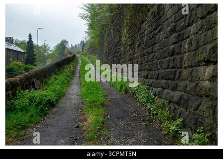Ein bewachsener Pfad am verlassenen Eingang des Eastwood Railway Station, flankiert von einer hohen Steinmauer und einer unteren Mauer, führt zu weit entfernten Bäumen. Stockfoto