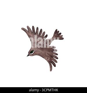 Vogel im Aquarellstil. Stilisierter fliegender brauner Vogel mit Auge isoliert auf weißem Hintergrund. Perfekt für skurrile Designs, Naturprojekte, einzigartig Stockfoto