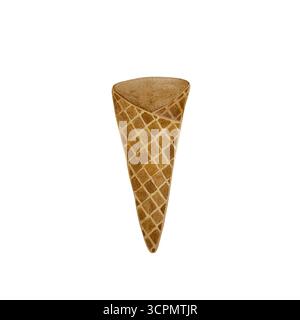 Waffelkegel in Wasserfarben. Leerer knuspriger Waffelkegel isoliert auf weißem Hintergrund. Perfekt für Illustrationen, Dessertmotive und Sommerprojekte. Hand Stockfoto