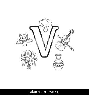 Ausmalseite mit Buchstabe V für Kinder Stock Vektor