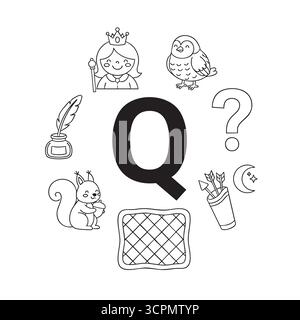 Ausmalseite mit Buchstaben Q für Kinder mit niedlichen Illustrationen Stock Vektor
