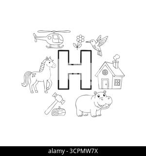 Ausmalseite mit Buchstabe H für Kinder Stock Vektor