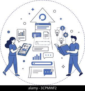 Verschiedene Bücher. Charaktere lesen Buch, lernen mit eBook, Hörbuch auf Smartphone hören. Bildungskonzept. Vektorabbildung. Stock Vektor