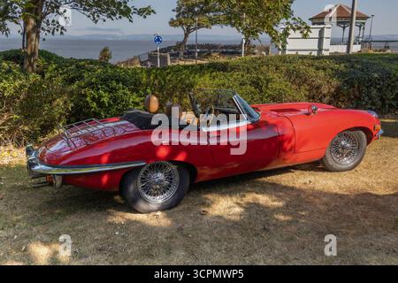 Jaguar E-Type mit Clevedon Bandstativ im Hintergrund Stockfoto
