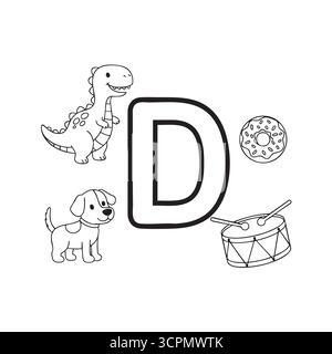 Ausmalseite mit Buchstabe D für Kinder Stock Vektor