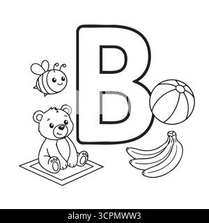 Ausmalseite mit Buchstabe B für Kinder mit Bienenbärenball und Bananen Stock Vektor