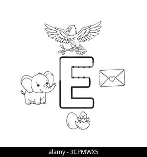 Ausmalseite mit Buchstabe E für Kinder mit Elefanten-Eieradler und Umschlag Stock Vektor