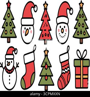 Festliche Weihnachtssymbole – niedliche Zeichentrickbäume, Schneemänner, Strümpfe und Geschenke für Weihnachtsdesign und -Dekoration Stock Vektor