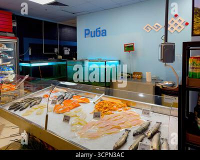 Varna, Bulgarien - 28. August 2025: Weite Sicht auf die Frischfischtheke im bulgarischen Supermarkt mit verschiedenen Meeresfrüchten auf Eis und lebenden Fischtanks im Backgr Stockfoto