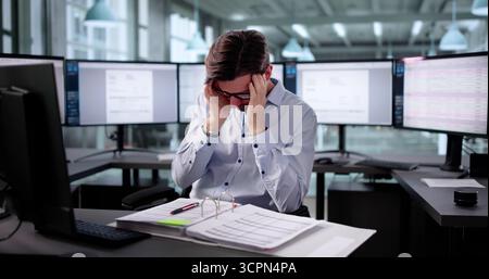 Erschöpfter Unternehmer: Ein Überforderter Mann Versucht, Das Geschäftsbudget Zu Verwalten Stockfoto